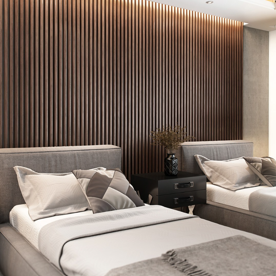 Luxury hotel bedroom with premium wall slats